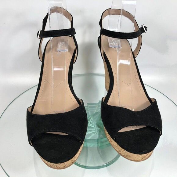 Charles by Charles David Lambert Wedge Black Sandals Cork Ankle Strap - Picture 2 of 8